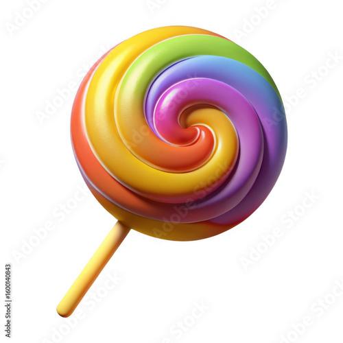 Vibrant swirl lollipop with rainbow colors and a yellow stick isolated on transparent background