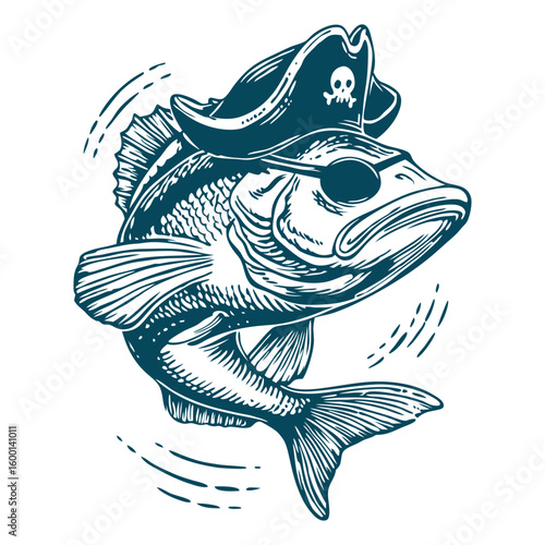 Fishing pirate fish with hat and eye patch. Fisherman trophy or sea adventure concept. Engraving style vector illustration