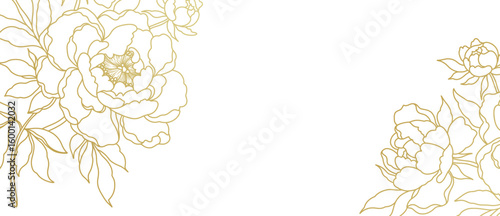 Luxury floral background with hand drawn gold line art flowers. Vector design with bouquet of peonies. Elegant illustration for wall decor, wallpaper, cover, banner, package, card, wedding invitation