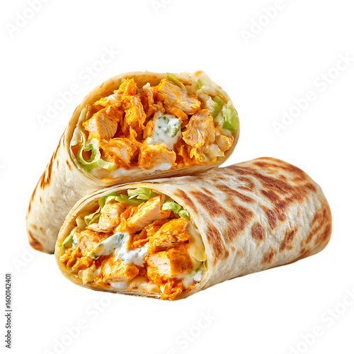 Two Buffalo Chicken Wraps Creamy Sauce Lettuce isolated on a transparent background burrito