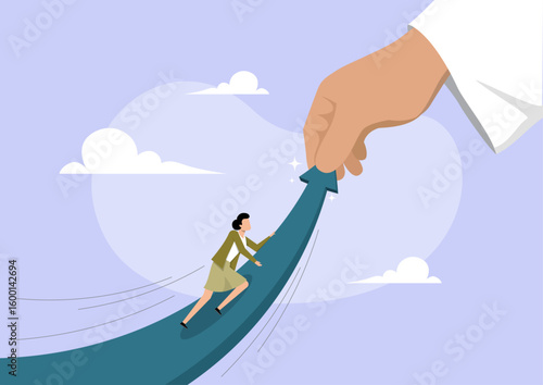 a businesswoman propelled upwards by Jesus's hand on an arrow
