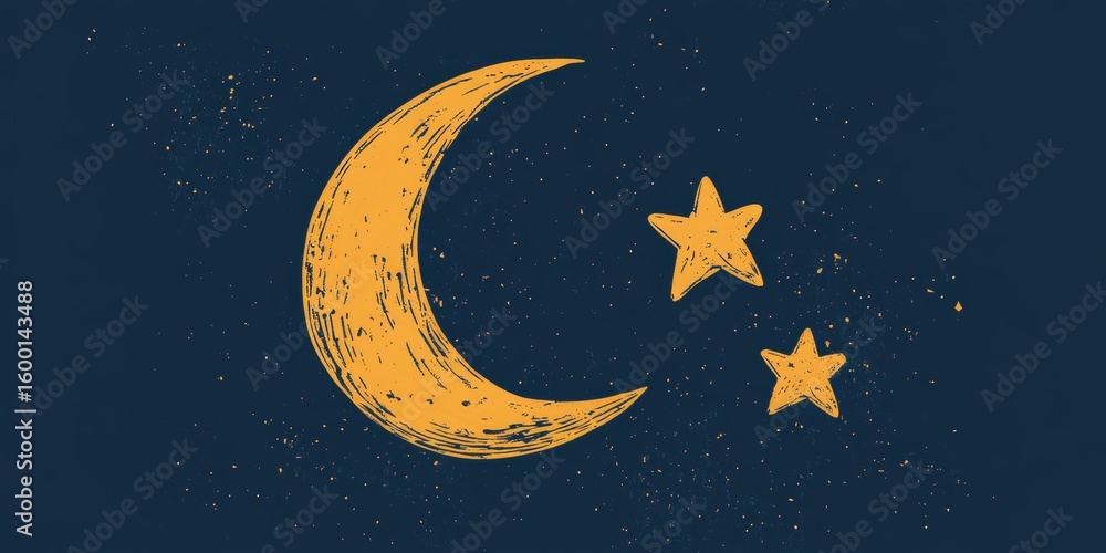 Naklejka premium This artistic illustration features a crescent moon and two stars on a dark blue background, evoking a sense of peace and tranquility. Perfect for various creative projects.