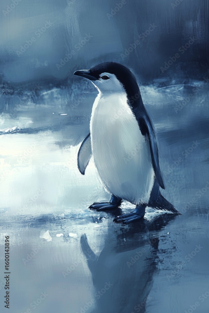 Obraz premium A solitary penguin stands gracefully on ice, surrounded by serene blue tones. The reflective surface enhances its beauty, illustrating tranquility in nature.