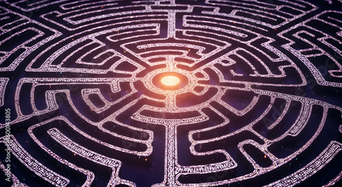 A complex circular maze with intricate patterns and a glowing center point of light