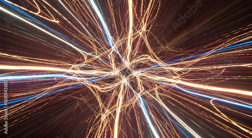 A dynamic display of light streaks converging towards a central focal point in space