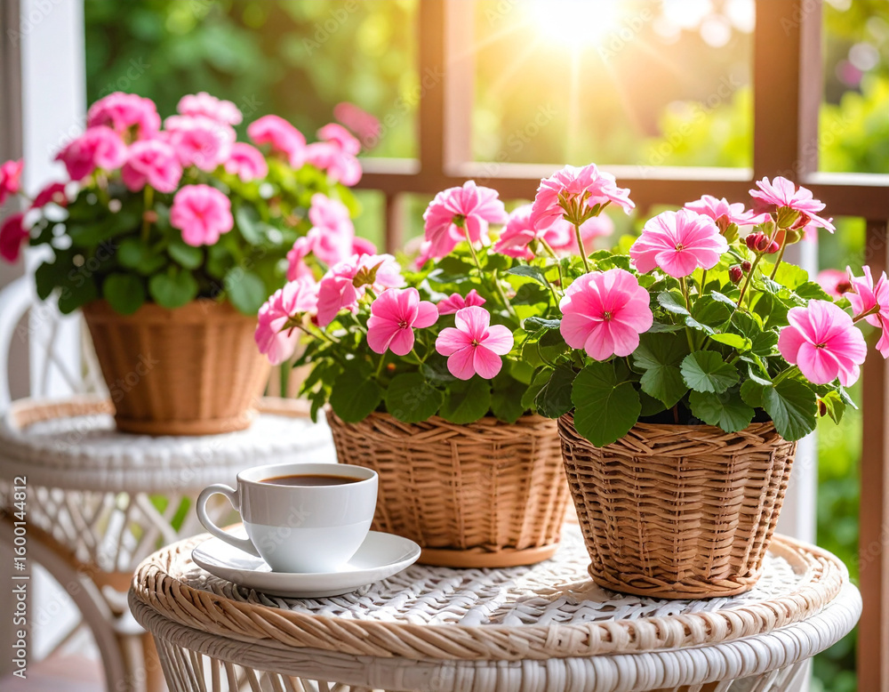 Obraz premium Enjoying a Warm Coffee in a Sunroom Filled with Pink Geraniums Cozy Indoor Setting Natural Light