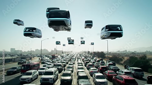 Dystopian view of a freeway jammed with cars, with flying cars overhead, hazy sky
