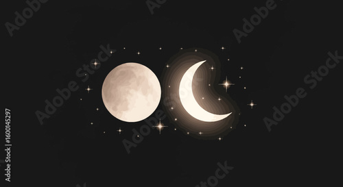 Full Moon and Crescent Moon in Night Sky