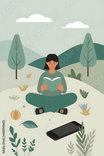 Mindful Lifestyle Flat Illustration of Digital Detox, Nature Relaxation and Reading Outdoors