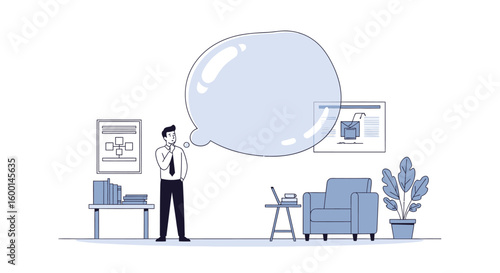 Pensive Businessman with Large Thought Bubble, Wearing Tie and White Shirt