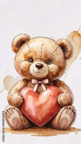 Vertical banner, wallpaper for social media of cute teddy bear sits centered holding a big heart, its soft fuzzy fur rendered in warm watercolor hues of honey brown and beige