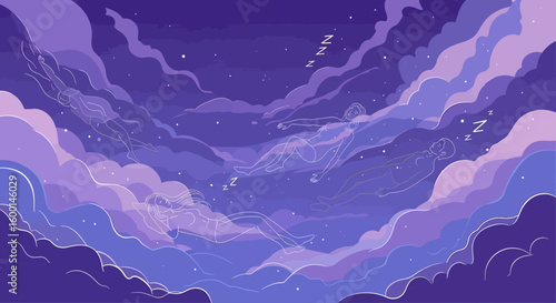 Dreamy Figures Floating in a Starry Night Sky with Clouds