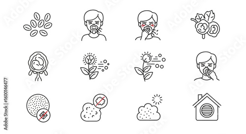 Allergy Symptoms and Triggers Line Icons Set: Pollen, Dust, and Irritated Person