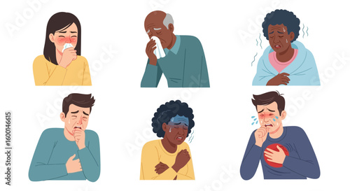 Diverse Individuals Experiencing Flu-like Symptoms: Coughing, Sneezing, Fever, and Chest Pain