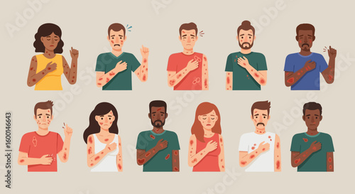 Diverse People with Red Skin Rashes, Showing Various Symptoms and Expressions of Discomfort