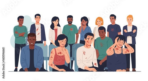 Group of Concerned People with Skin Rash, Showing Symptoms of Illness