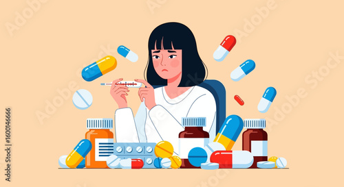 Cartoon Woman with Fever Holding Thermometer Surrounded by Pills