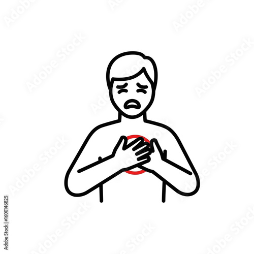 Line Art Illustration of Man Clutching Chest with Red Circle Indicating Pain