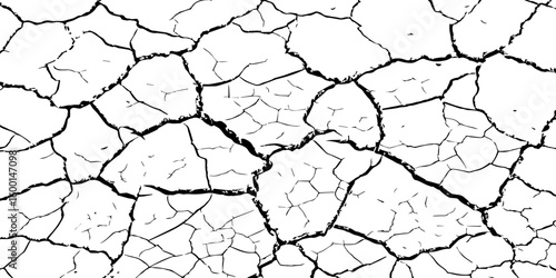 Detailed black and white illustration of cracked dry earth texture, showing deep fractures and fragmented surface. Ideal for drought, climate change, or desert-themed design and backgrounds.