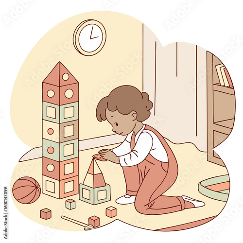 A young boy in overalls is carefully stacking colorful blocks into a tall tower in a playroom setting