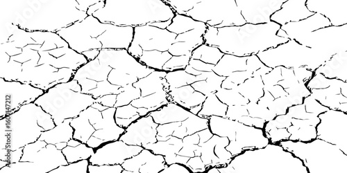 Detailed black and white illustration of cracked dry earth texture, showing deep fractures and fragmented surface. Ideal for drought, climate change, or desert-themed design and backgrounds.