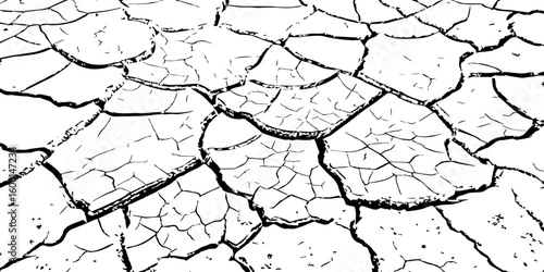 Detailed black and white illustration of cracked dry earth texture, showing deep fractures and fragmented surface. Ideal for drought, climate change, or desert-themed design and backgrounds.