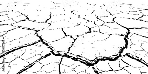 Detailed black and white illustration of cracked dry earth texture, showing deep fractures and fragmented surface. Ideal for drought, climate change, or desert-themed design and backgrounds.