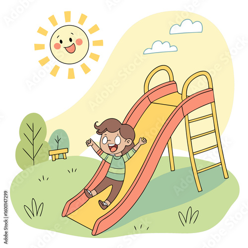 A cartoon illustration of a girl sliding down a yellow and red slide with a smiling sun and clouds above it