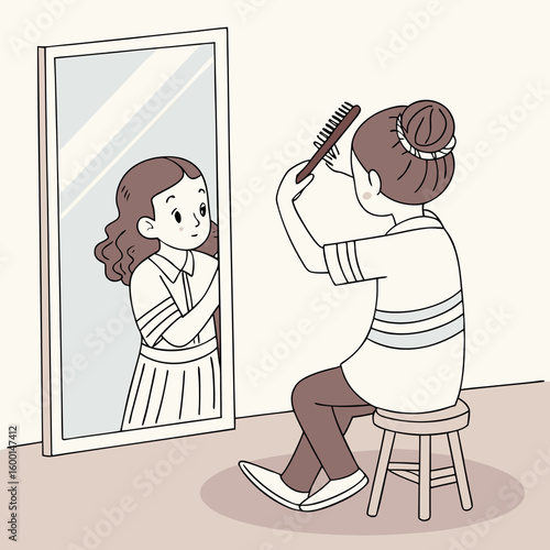 Girl with curly hair sitting on a stool brushing her hair while looking in a window reflection outside