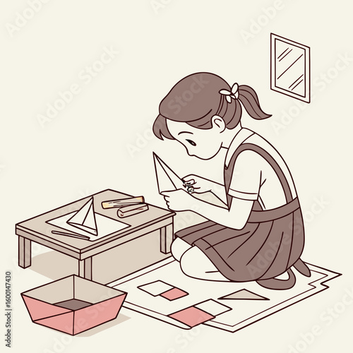A girl with a headband is sitting at a table making origami with scissors and paper near a window