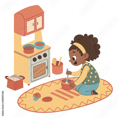 A girl playing with a toy kitchen set in a room with a chair and a window with yellow curtains