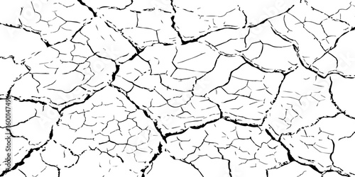 Detailed black and white illustration of cracked dry earth texture, showing deep fractures and fragmented surface. Ideal for drought, climate change, or desert-themed design and backgrounds.