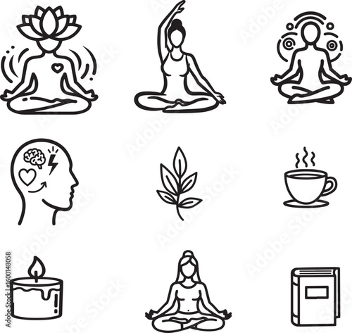 Mental health and wellness vector set – mindfulness, yoga, self-care, therapy icons, meditation, positive lifestyle, mental health day illustrations, well-being symbols for awareness designs
