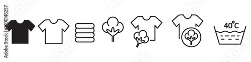 Cotton T-shirt icons set with instructions of laundry self service isolated on transparent background. Clean and dirty shirt isolated on transparent background. Lingerie line icons. Cotton icon.