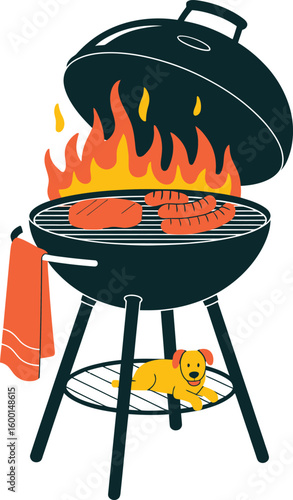 Vector BBQ Grill with Meat & Dog: Outdoor Cooking & Summer Fun Scene.