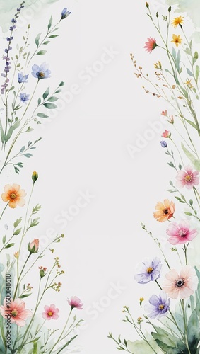 Vertical banner, wallpaper for social media of Elegant watercolor illustration of delicate wildflowers, arranged at the top and bottom edges of the composition, leaving a large clean white space
