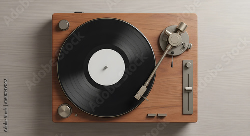Top View of Retro Vinyl Record Player on Wooden Surface