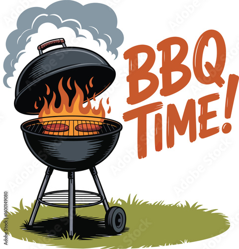 Vector BBQ Time: Grilling Sausages & Burgers on a Charcoal Barbecue.

