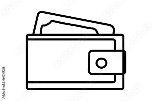 The image is a black and white line drawing of a wallet. The wallet is depicted in a closed position with a flap and a circular button or snap on the right side.