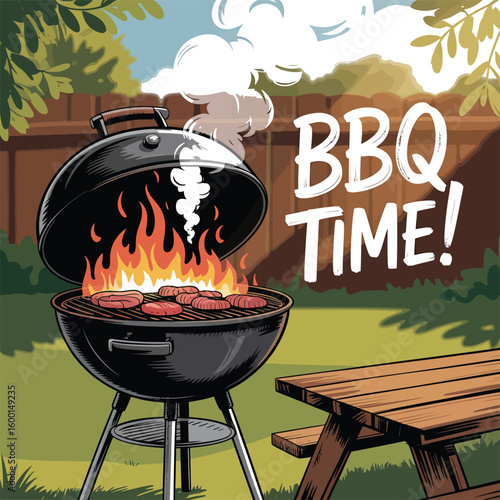 Vector BBQ Time: Grilling Burgers on a Backyard Barbecue for Summer & Outdoor Fun.


