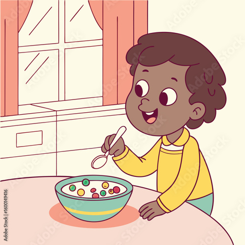A young boy with brown hair eating cereal from a bowl with a spoon in a kitchen near a window pane