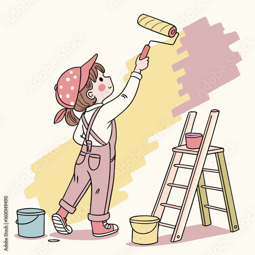 Illustration of a girl painting a wall with a roller next to a ladder and paint buckets in a cute style