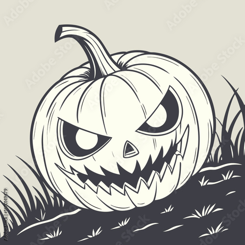 Illustration of a spooky halloween pumpkin with evil eyes and sharp teeth sitting in the grass field