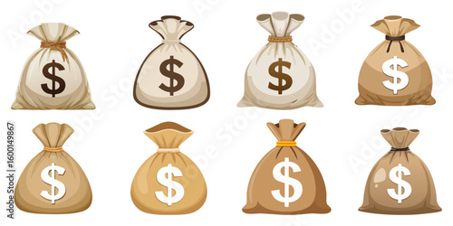Collection of bags with dollar sings, isolated on white background. Vector illustration. 