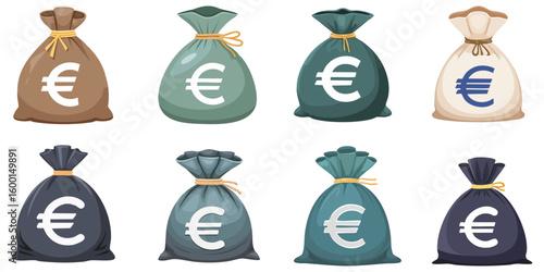 Collection of bags with euro sings, isolated on white background. Vector illustration. 
