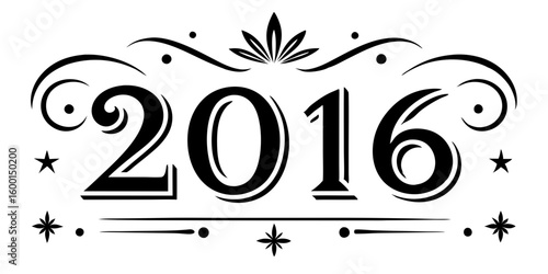 Ornate black numbers twenty sixteen with decorative elements 2016 white