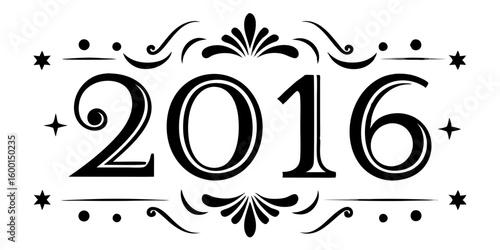 Ornate black numbers twenty sixteen with stars 2016 new year