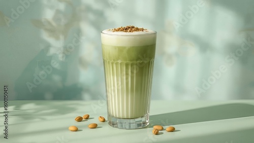 photorealistic image of a Pistachio Matcha Latte served in a tall, elegant glass with subtle vertical ridges. The drink has soft layers of creamy pistachio milk and bright green matcha, gently blended
