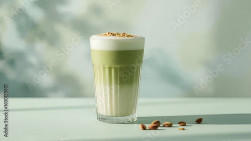 photorealistic image of a Pistachio Matcha Latte served in a tall, elegant glass with subtle vertical ridges. The drink has soft layers of creamy pistachio milk and bright green matcha, gently blended