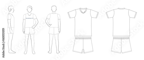 メンズバレーボールユニフォームのテンプレート（Vネック・前・後・横・平面図）
Men's Volleyball Uniform Template – V-Neck, Front, Back, Side & Flat Views